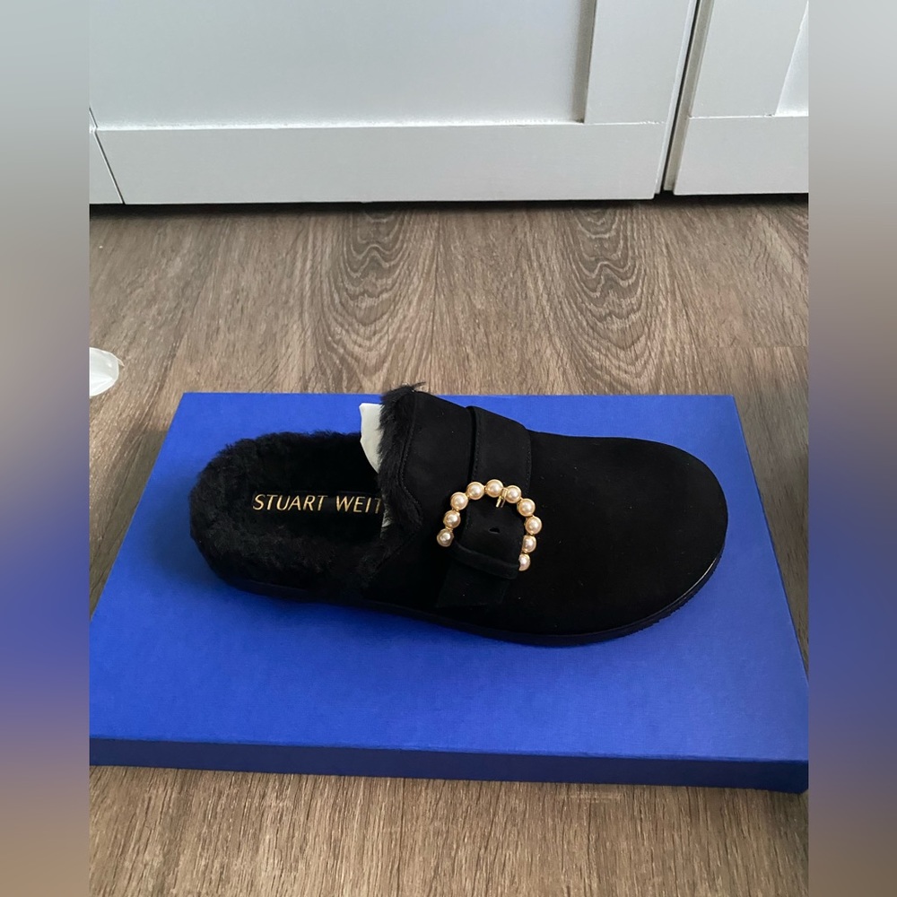 STUART WEITZMAN Piper Chill Embellished Suede & Shearling Lined Mules Size 6